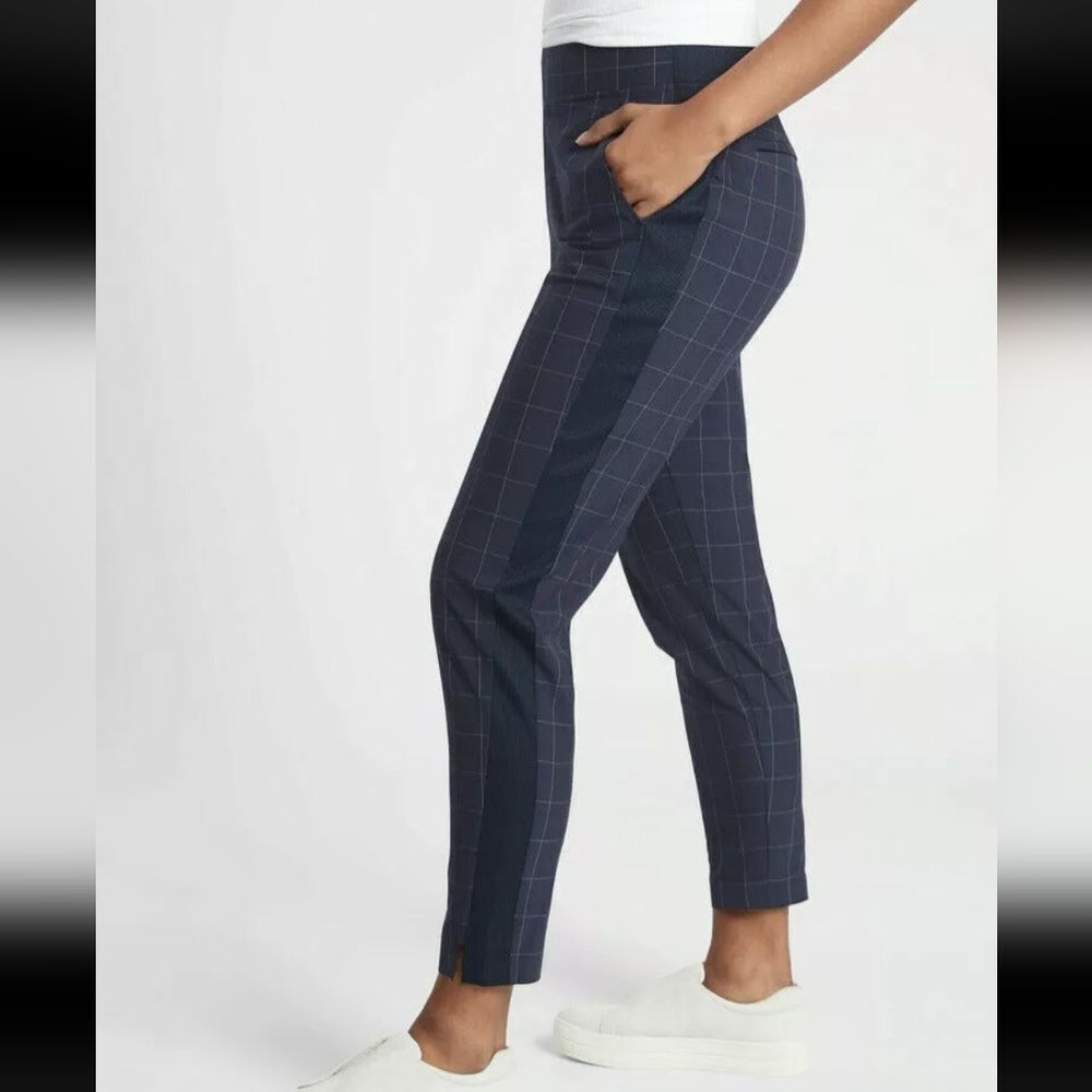 Athleta Brooklyn Textured Ankle Pull On Pant Windowpane Navy Blue Size 2